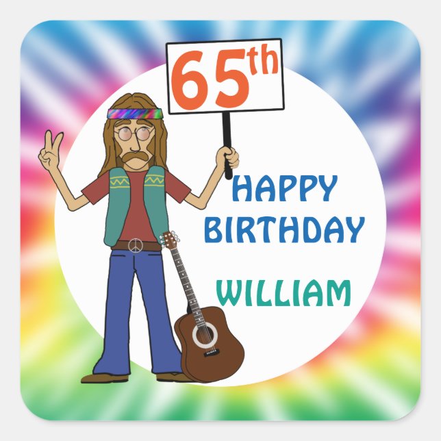 Old Hippie Hippy Tie Dye 65th Birthday Party Square Sticker (Front)