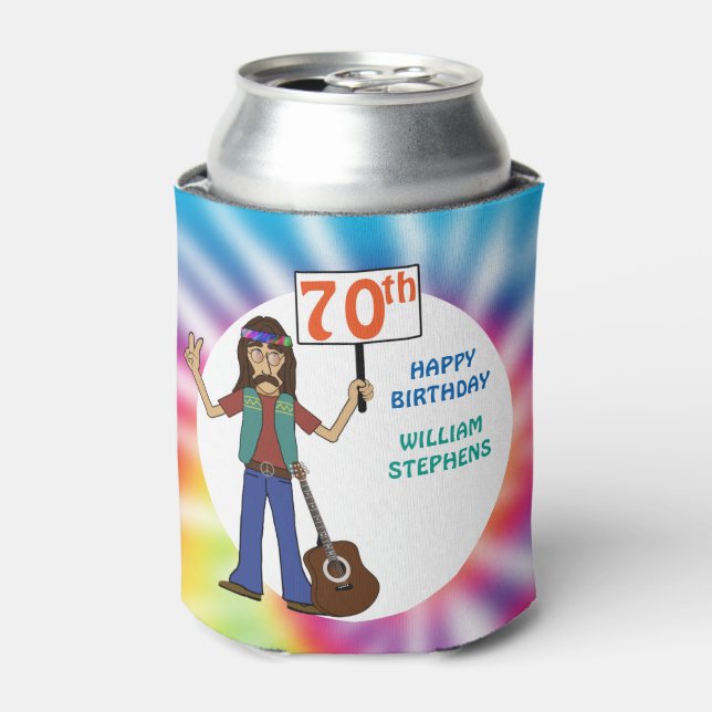 Old Hippie Hippy Tie Dye 70th Birthday Party Can C Cooler (Can Front)