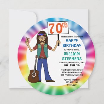 Old Hippie Hippy Tie Dye 70th Birthday Party Invit Invitation by oldrockerdude at Zazzle