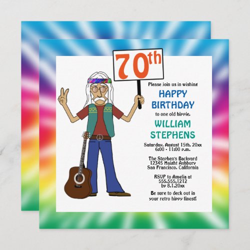 Old Hippie Hippy Tie Dye 70th Birthday Party Invit Invitation