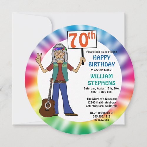 Old Hippie Hippy Tie Dye 70th Birthday Party  Invitation