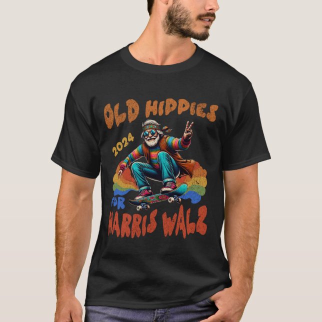 Old HIppies For Harris Walz 2024 Election T-Shirt (Front)