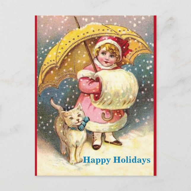 Old Holiday Image Girl, Snow ,Cat ,Yellow Umbrella Postcard (Front)