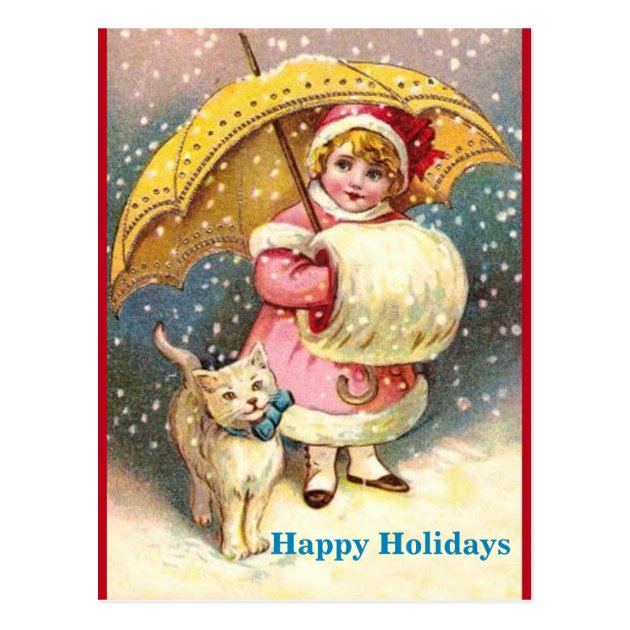 Old Holiday Image Girl, Snow ,Cat ,Yellow Umbrella Postcard
