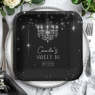 Old Hollywood B & W Chandelier Sweet 16 ID1108 Paper Plates