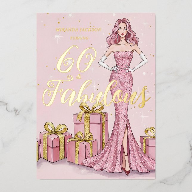 Old Hollywood Glam Pink Glitter Gold Birthday Foil Invitation (Front)