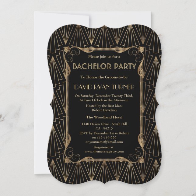 Old Hollywood Gold Great Gatsby Bachelor Party Invitation (Front)