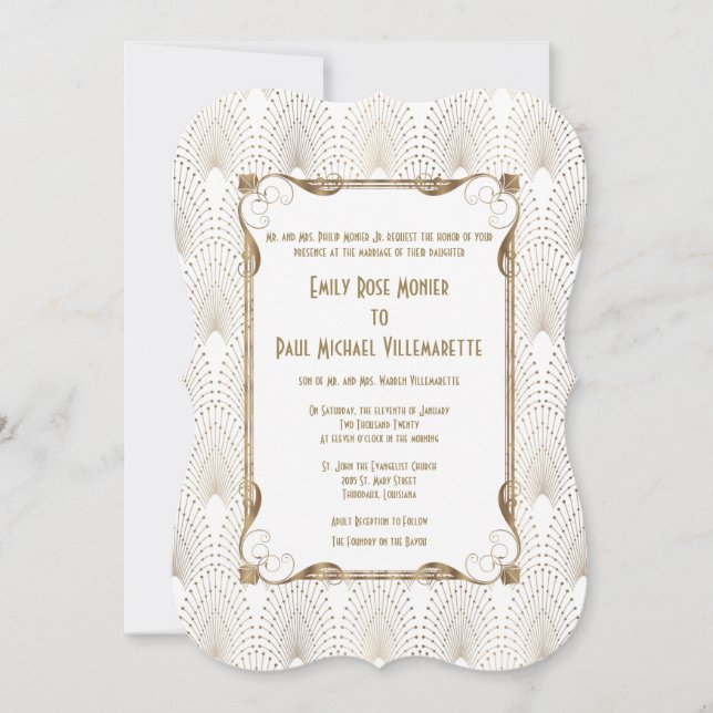 Old Hollywood Great Gatsby White Wedding Invite (Front)