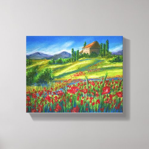 Old house near poppy field Stretched Canvas Print
