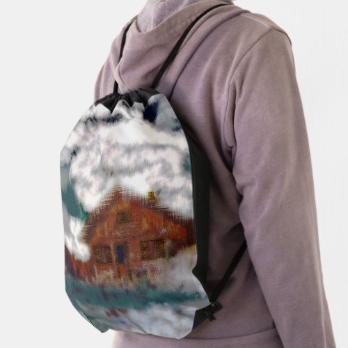 Old house under showy clouds with scratched effect drawstring bag