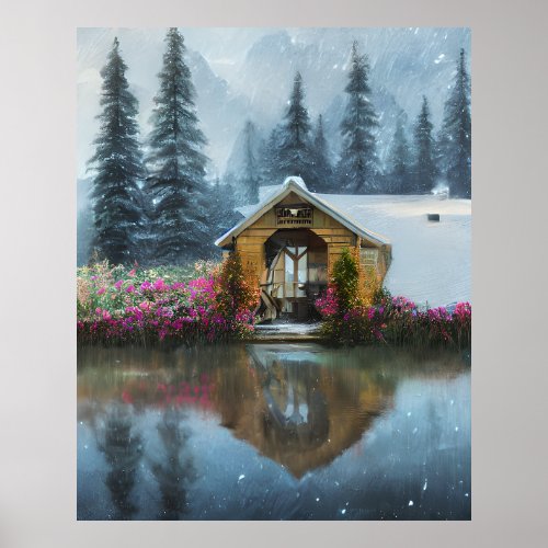 Old hut in a lake purple flowers a classic poster