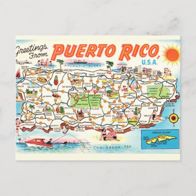 Old Illustrated Puerto Rico Map Postcard (Front)