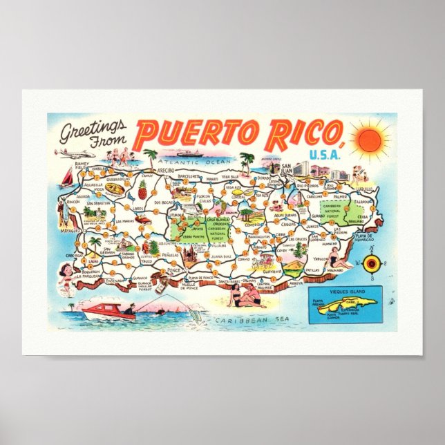 Old Illustrated Puerto Rico Map Print (Front)