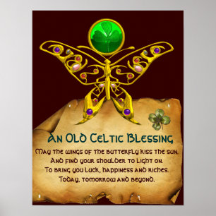 Old Irish Blessing Parchment with Gold Butterfly Poster
