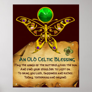 Old Irish Blessing Parchment with Gold Butterfly Poster