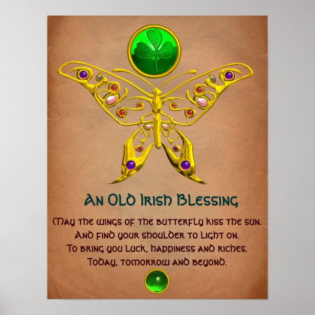 Old Irish Blessing Parchment with Gold Butterfly Poster (Front)