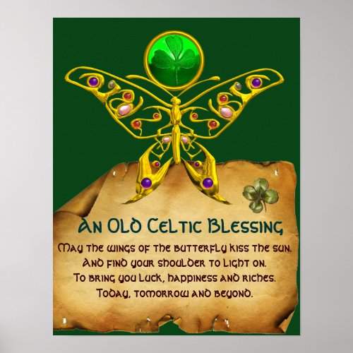 Old Irish Blessing Parchment with Gold Butterfly Poster