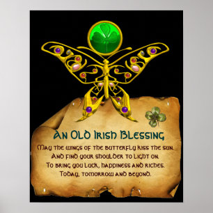 Old Irish Blessing Parchment with Gold Butterfly Poster