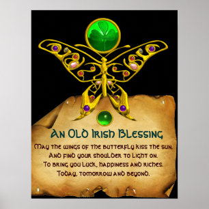 Old Irish Blessing Parchment with Gold Butterfly Poster
