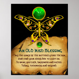 Old Irish Blessing Parchment with Gold Butterfly Poster