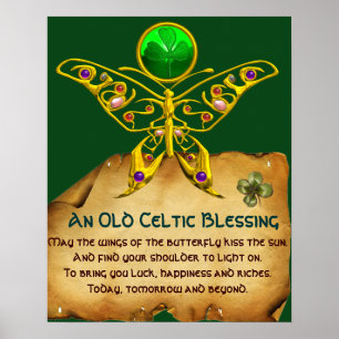Old Irish Blessing Parchment with Gold Butterfly Poster