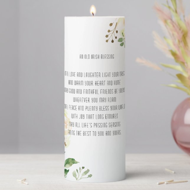 Old Irish Blessing & Personalize Wedding Greenery Pillar Candle (In Situ)