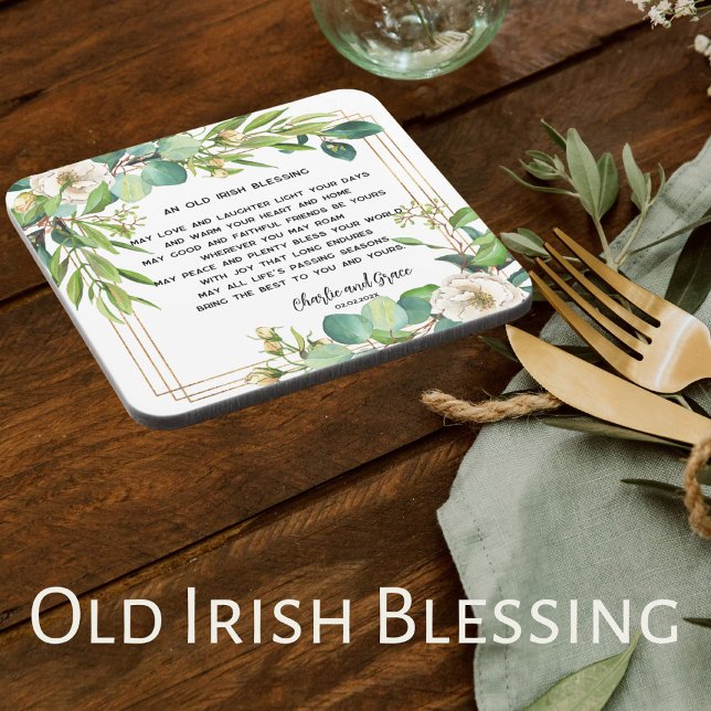 Old Irish Blessing & Wedding Greenery 2  Beverage Coaster (Square wedding coaster with an old Irish blessing. Beautiful white roses with touches of gold.)