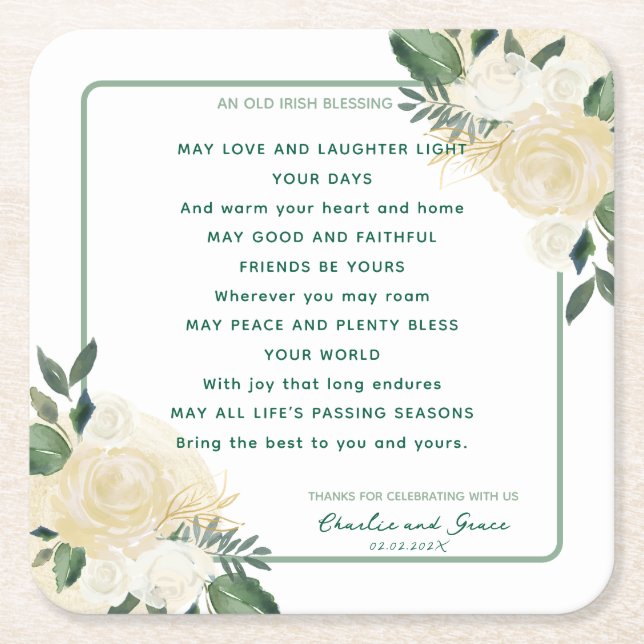 Old Irish Blessing & Wedding Greenery 2 Square Paper Coaster (Front)