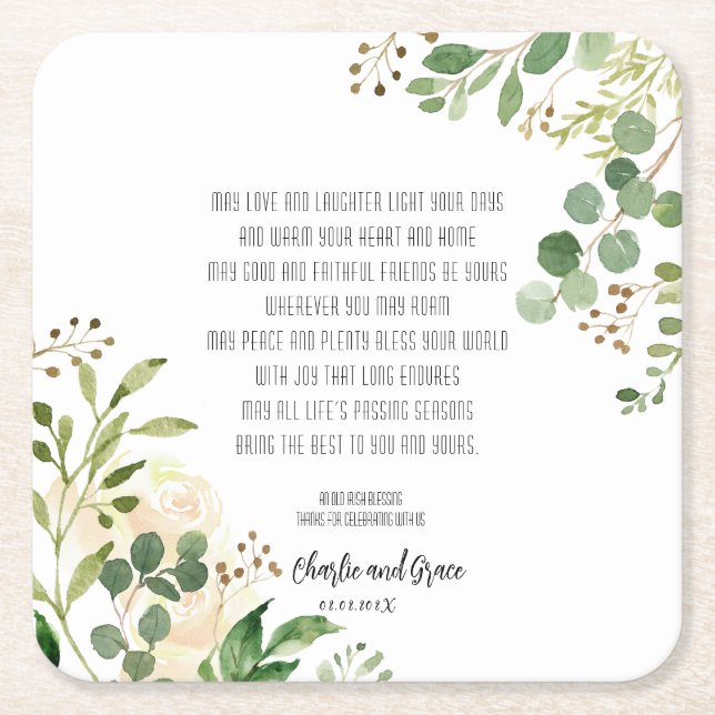 Old Irish Blessing & Wedding Greenery  Square Paper Coaster (Front)