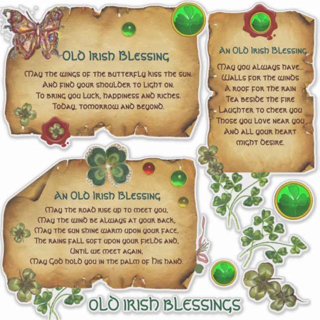 Old Irish Blessings Parchment Shamrocks, Butterfly Sticker (Front)