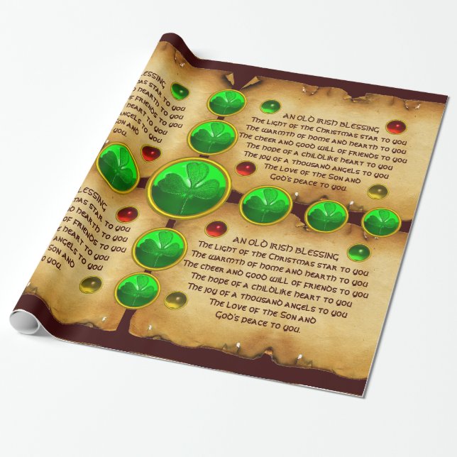 Old Irish Christmas Blessing Parchment ,Shamrocks Wrapping Paper (Unrolled)