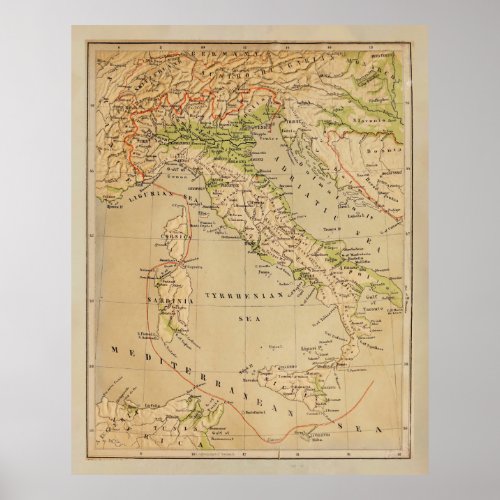Old Italy Physical Map 1881  Poster