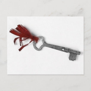 OLD KEY WITH RED RIBBON POSTCARD