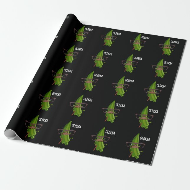 Old-kra Funny Okra Pun Dark BG Wrapping Paper (Unrolled)