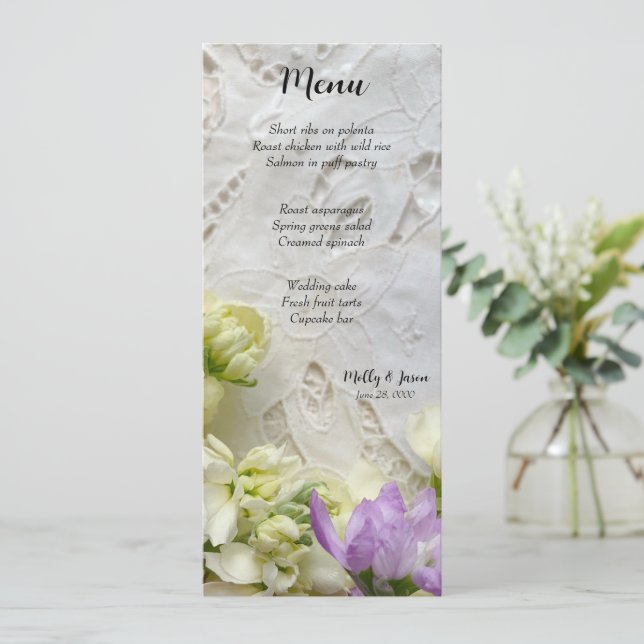 Old lace with purple and white flowers invitation (Standing Front)