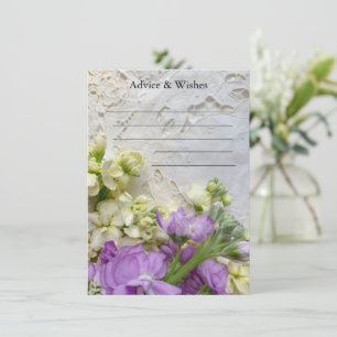 Old lace with purple and white flowers wedding advice card