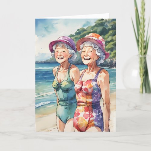 Old Ladies On The Beach Birthday Card