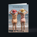 Old Ladies On The Beach Birthday Card<br><div class="desc">Back view of two women in one-piece swimsuits are standing on a sandy beach looking at the sea for getting older birthday.
All text can be changed.</div>