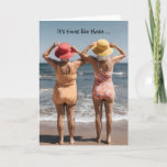 Old Ladies On The Beach Birthday Card<br><div class="desc">Back view of two women in one-piece swimsuits are standing on a sandy beach looking at the sea for getting older birthday.
All text can be changed.</div>