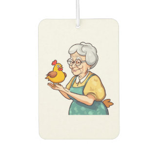 old lady and a chicken air freshener