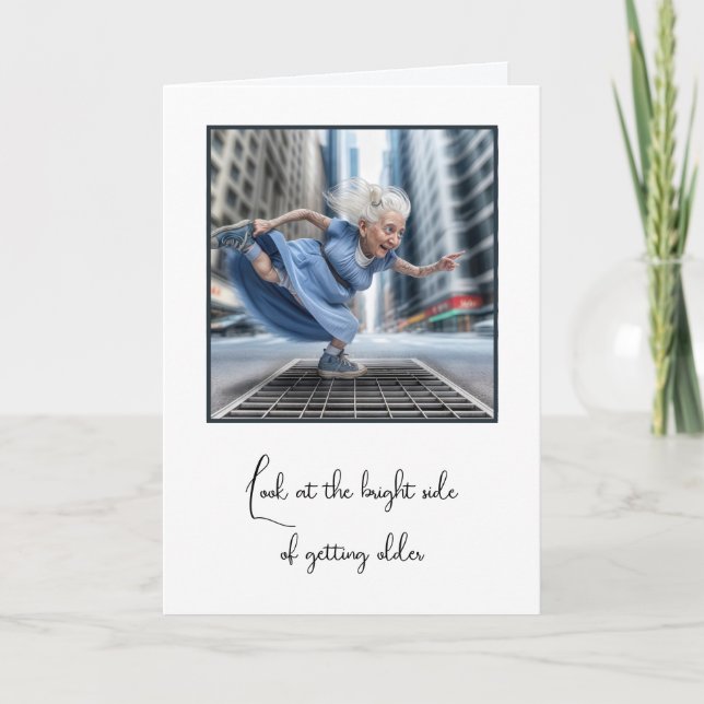 Old Lady Dancing On City Street Vent Card (Front)