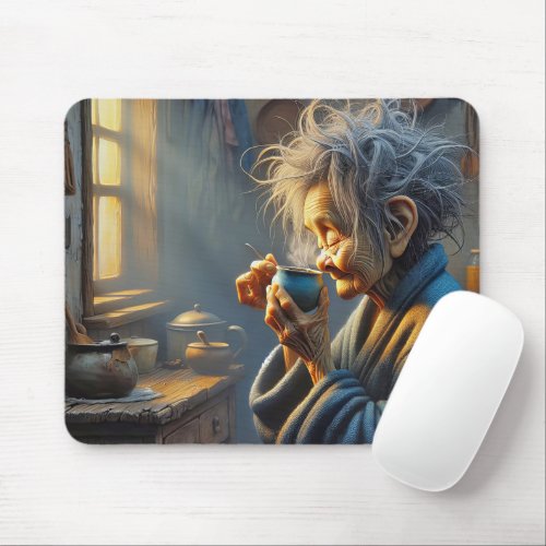 Old Lady Drinking Morning Coffee Mouse Pad