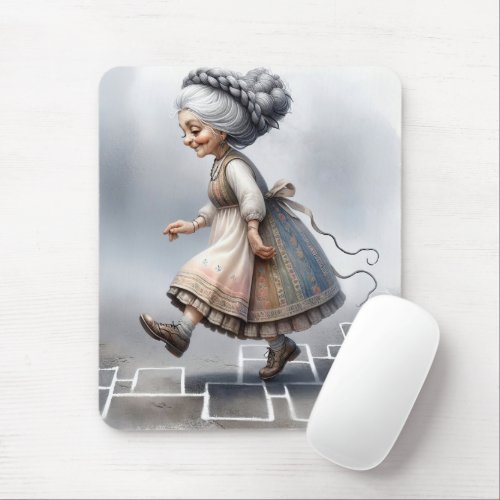 Old Lady Hopping On Game Squares Mouse Pad