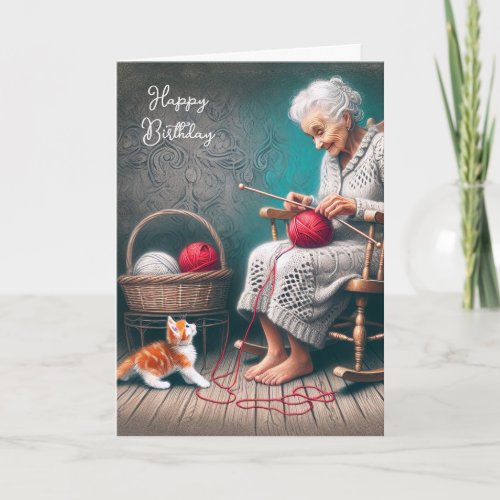 Old Lady Knitting for Birthday Card