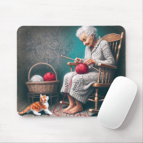 Old Lady Knitting Mouse Pad