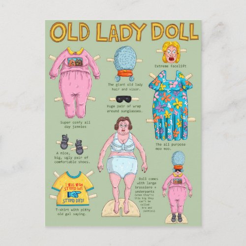 Old Lady Paper Doll Postcard