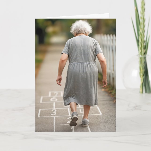 Old Lady Playing Hopscotch Birthday Humor Card (Front)