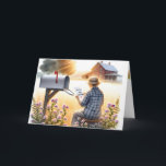 Old Lady Reading a Birthday Letter From Friend Card<br><div class="desc">An elderly woman in a straw hat sits on a stool beside wildflowers,  reading a letter next to an open mailbox.
Text in the letter on the front cover can be changed.
Inside message is editable.</div>