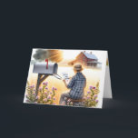 Old Lady Reading a Birthday Letter From Friend Card<br><div class="desc">An elderly woman in a straw hat sits on a stool beside wildflowers,  reading a letter next to an open mailbox.
Text in the letter on the front cover can be changed.
Inside message is editable.</div>