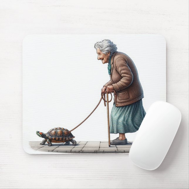 Old Lady Walking a Pet Turtle Mouse Pad (With Mouse)